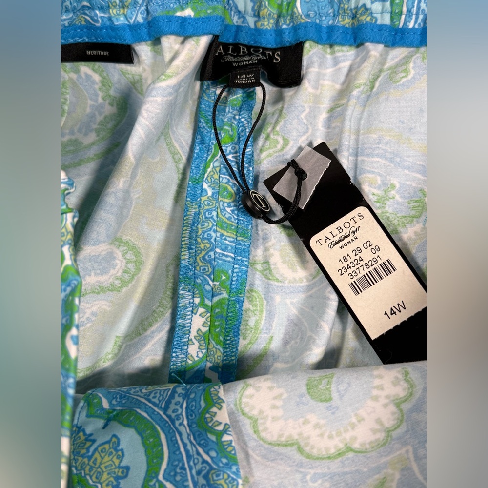 Talbots Woman 14W Paisley Heritage Pants Blue Green Stretch Cotton Casual NWT - Picture 7 of 8